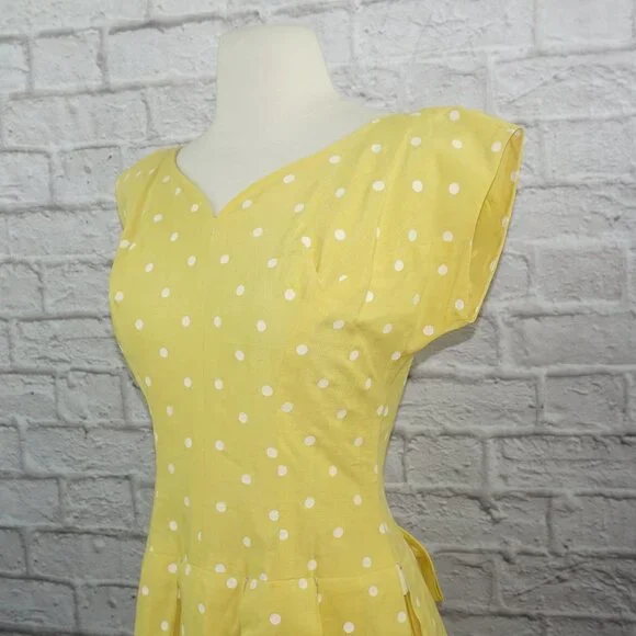 Vintage 50s Yellow Polkadot Pleated Swing Dress